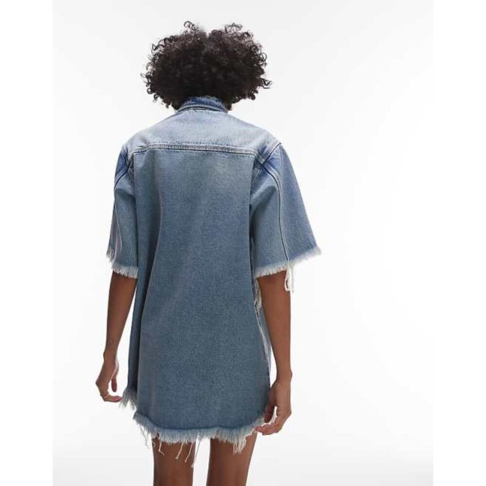 AllSaints Faye Frayed Short Sleeve Mini Denim Dress Jean Raw Edge Button Up - Picture 7 of 14